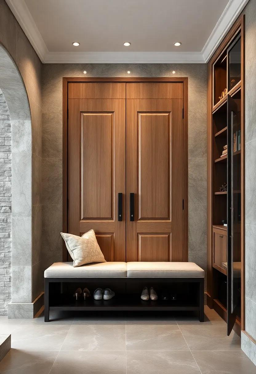 Embrace elegance with a grand double-door entryway featuring ⁢bespoke cabinetry that seamlessly‍ integrates shoe storage with ⁢a plush bench for comfort