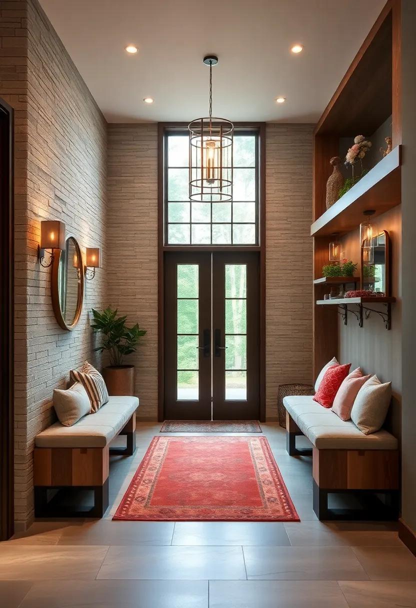 Embrace vintage-inspired design featuring reclaimed wood benches combined with artisan-crafted built-ins for a truly unique entryway experience