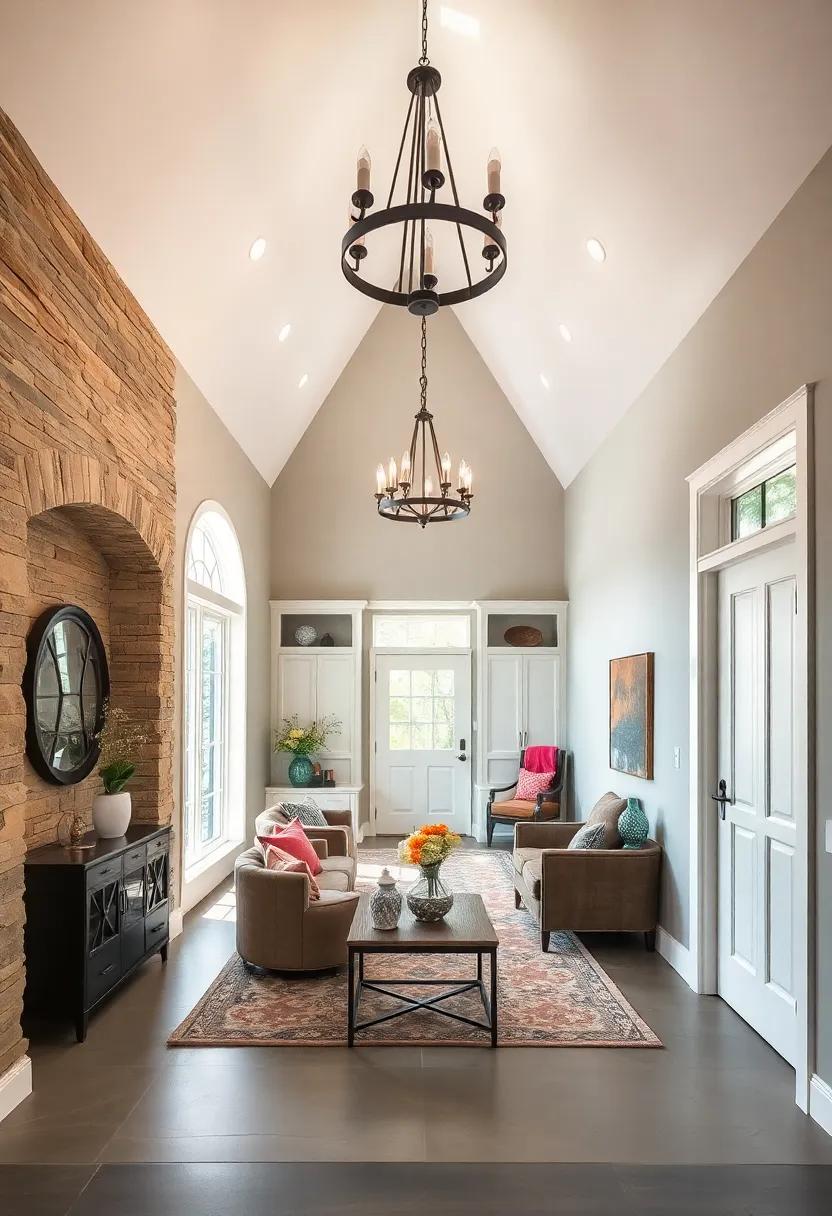 Experience dramatic flair with vaulted ceilings and a striking chandelier, enhanced by a custom-built mudroom that offers both beauty and efficient ⁤storage