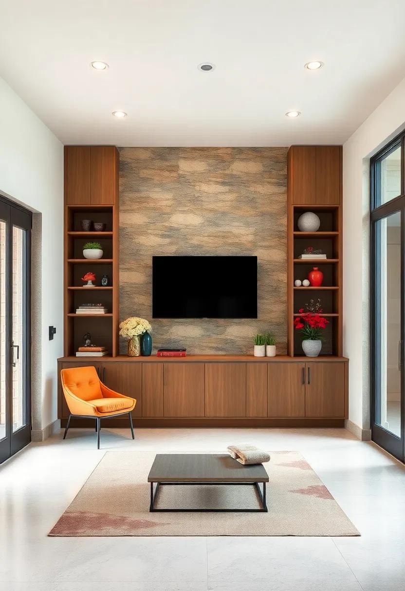Experience the impact of a bold accent wall behind​ custom storage solutions that provide function and serve as a stunning backdrop