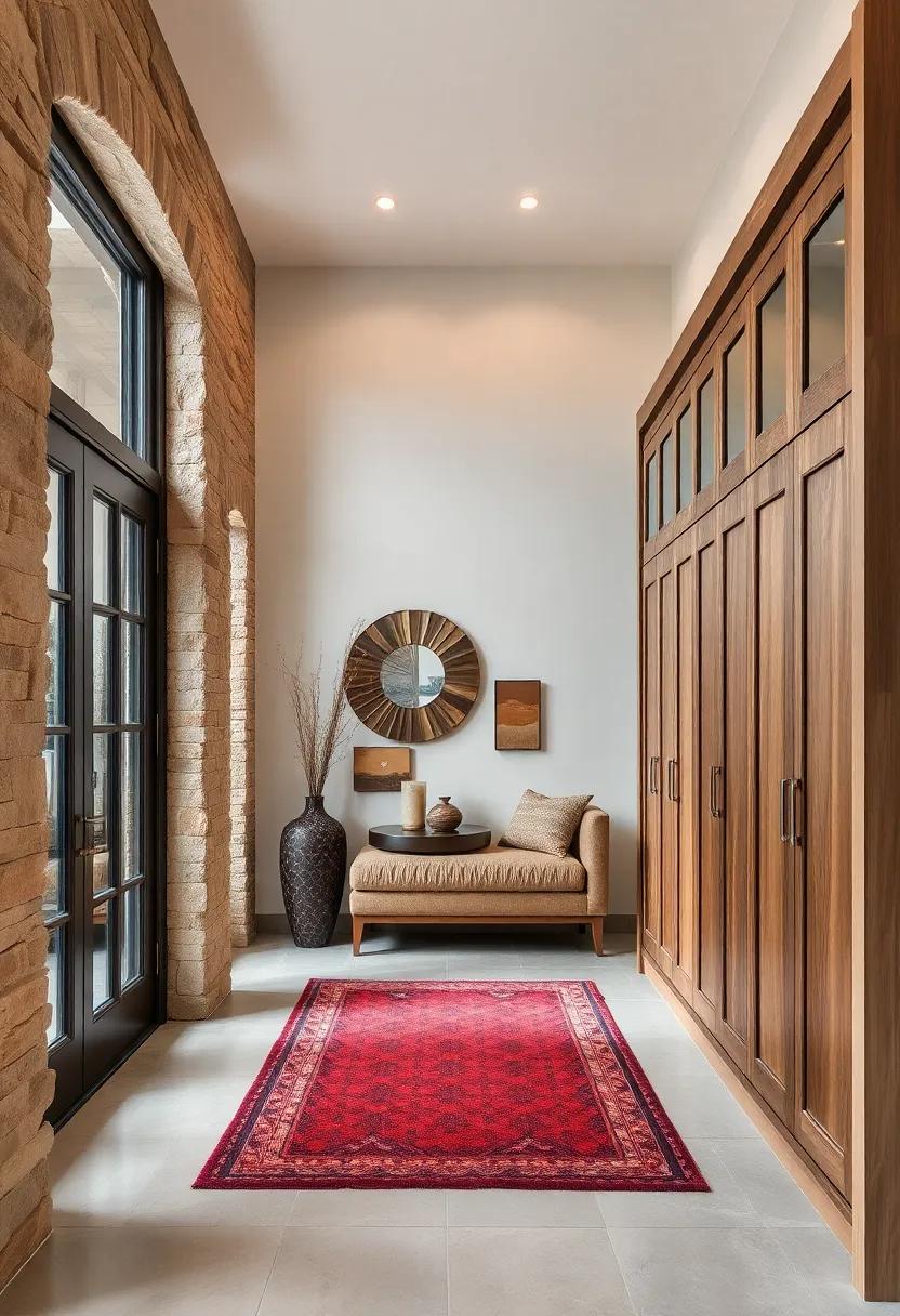Explore rustic charm in a country-style entryway that incorporates custom wooden lockers for a ‌touch of‍ warmth and practicality