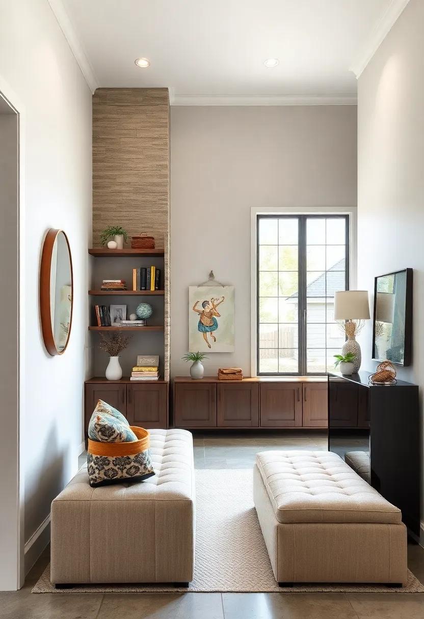 Find harmony⁣ in a transitional entryway where⁢ upholstered⁣ storage ⁤ottomans ⁤meet elegant wall-mounted shelving, creating a seamless⁣ blend of style and utility