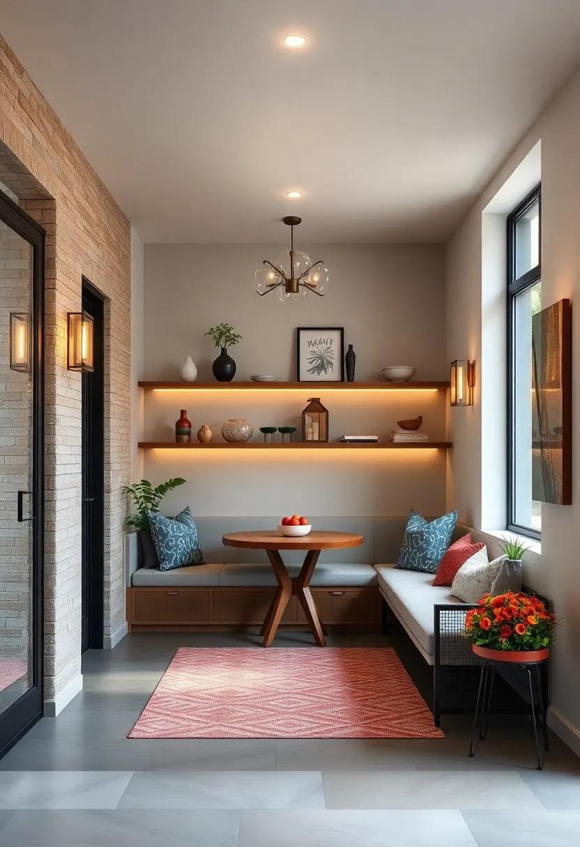 Harness the charm ​of a European café ​in your entryway with‌ cozy built-in seating and shelves⁤ showcasing local artisan finds