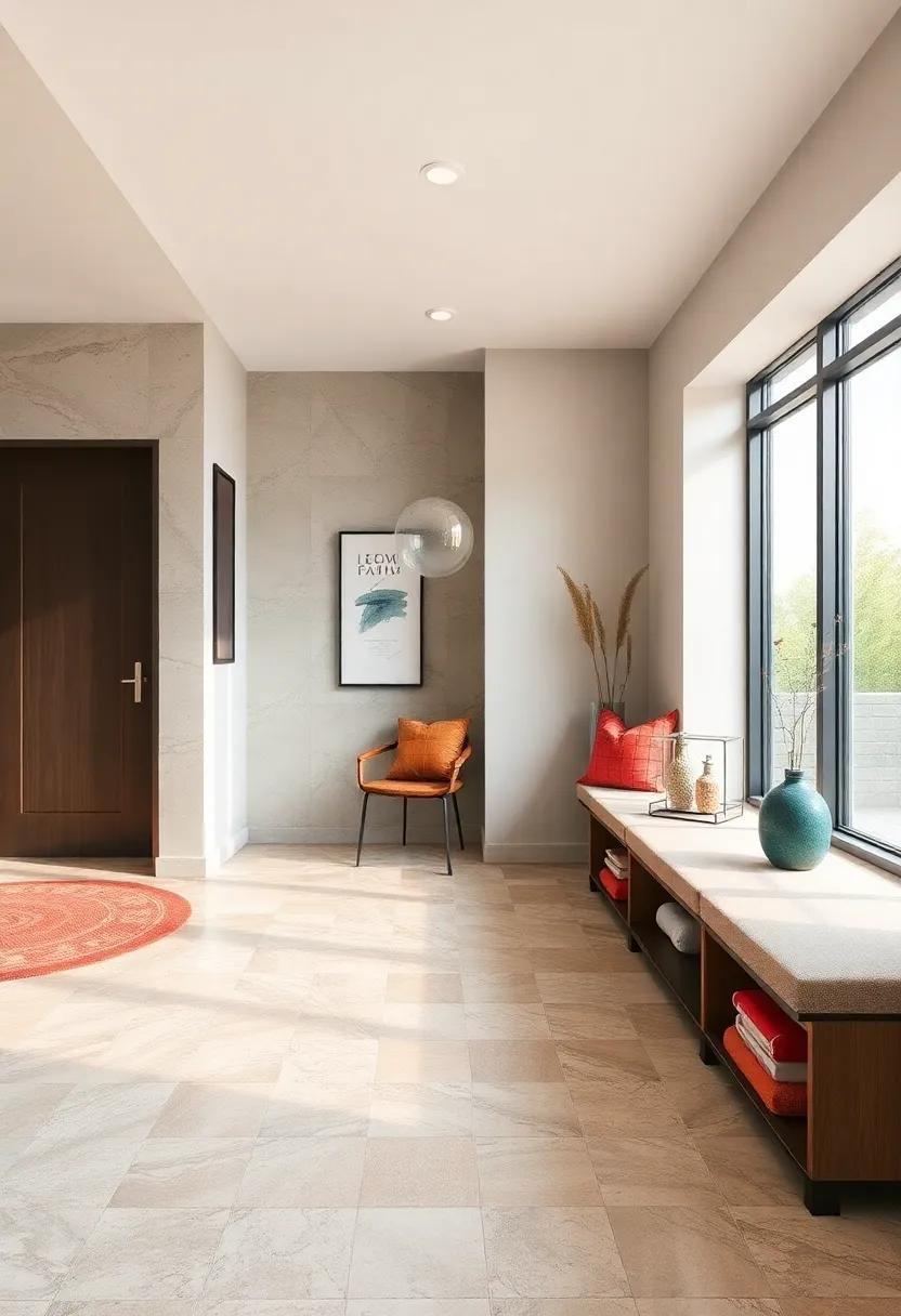 play with patterns ⁤in a contemporary entryway where geometric tile floors meet custom benches with unique storage designs​ for an eye-catching contrast