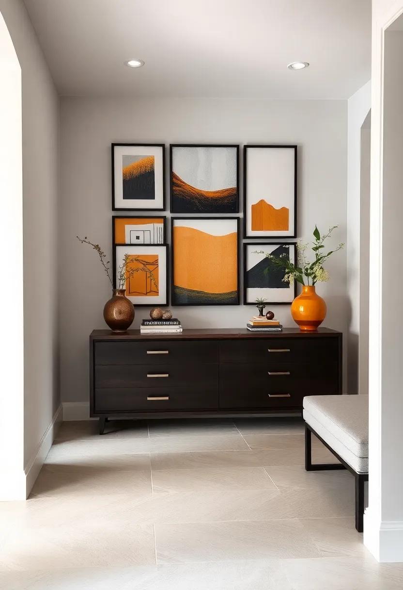 Step into sophistication with a ⁣curated gallery wall coupled with a stylish console table boasting concealed drawers, striking the perfect‌ balance between art and functionality