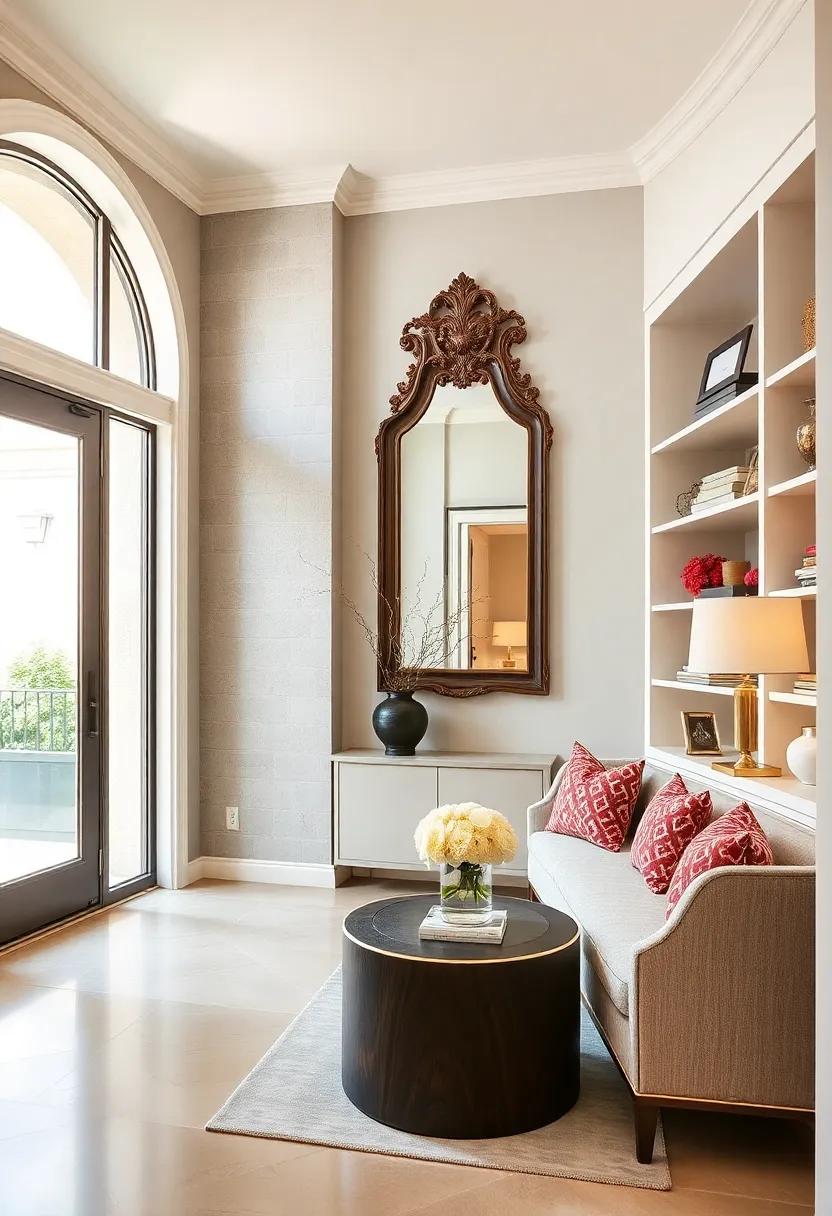 Take a trip to Paris with a chic foyer that showcases an ornate ⁢mirror and built-in shelves, ⁣perfect for displaying treasured⁣ decor while concealing everyday items