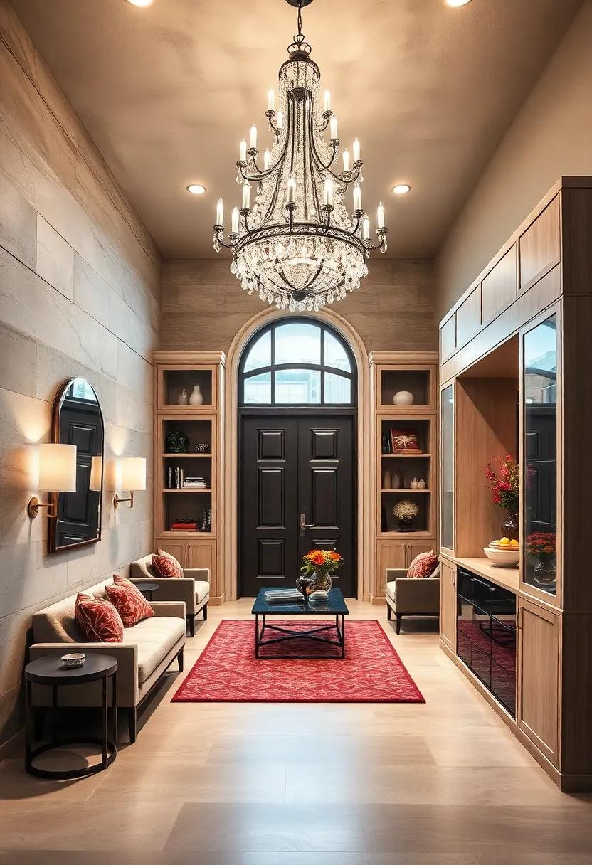 Turn heads with an over-the-top ‌chandelier that complements custom​ cabinetry, efficiently ⁢concealing clutter while making ‍a fabulous first impression