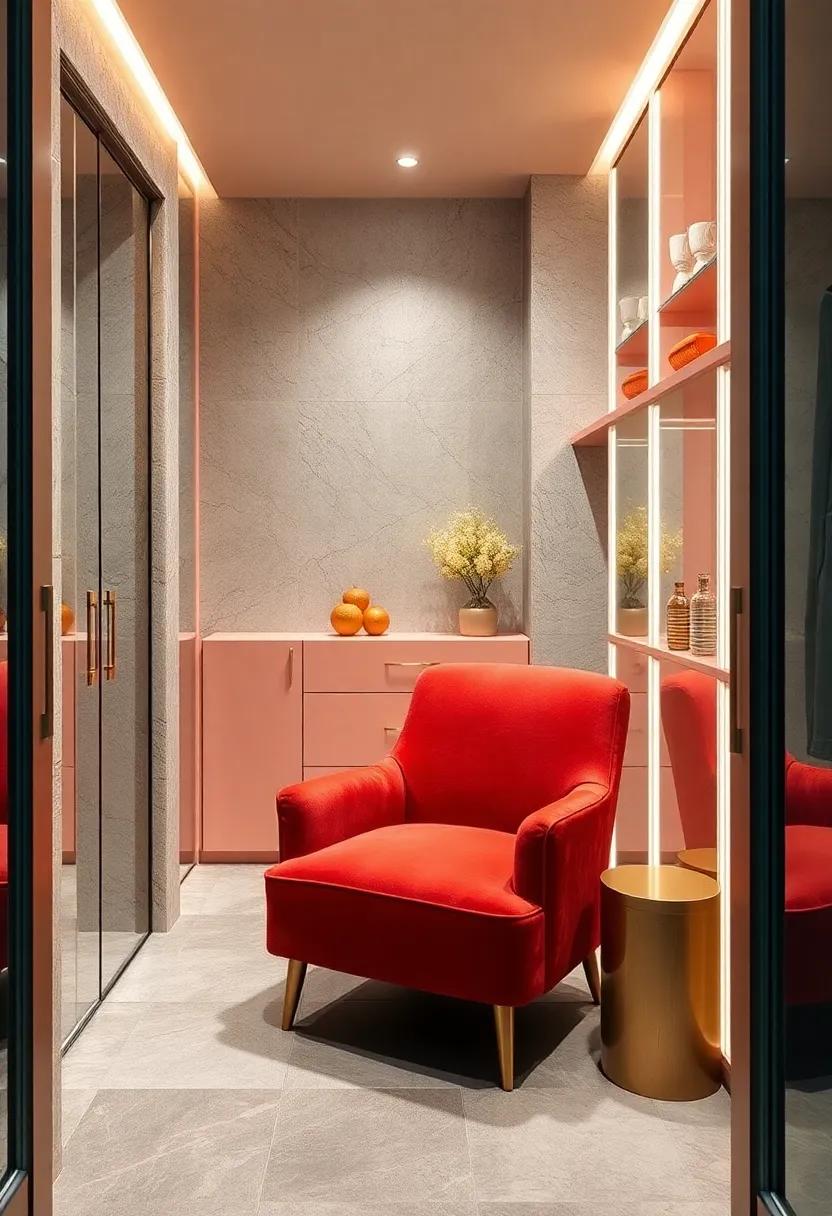 Chic Seating Area: Create a cozy corner with a plush ⁢velvet chair in a ⁣coordinating coral‍ shade for resting while you dress⁣ or choose outfits