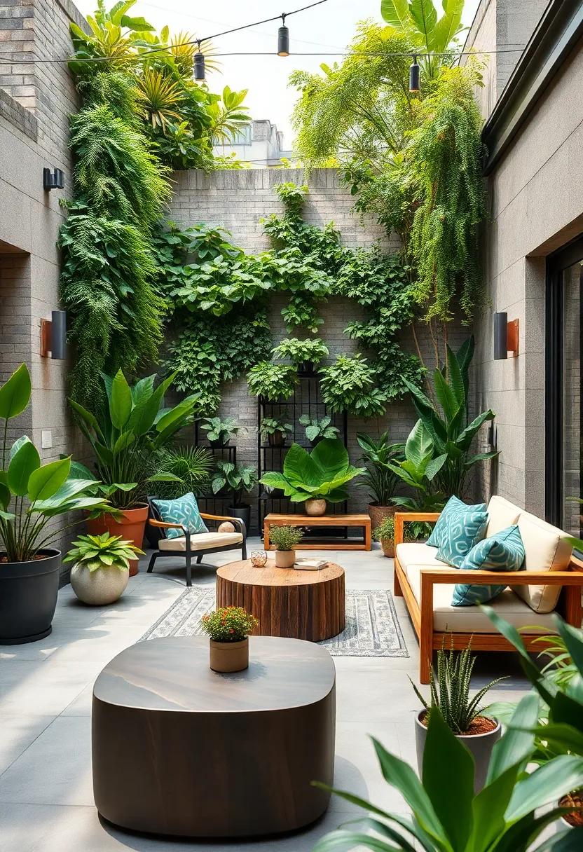urban Jungle: ⁣Discover the perfect blend of ‍industrial design and greenery ​with vertical gardens⁤ and potted plants that breathe life into your outdoor space