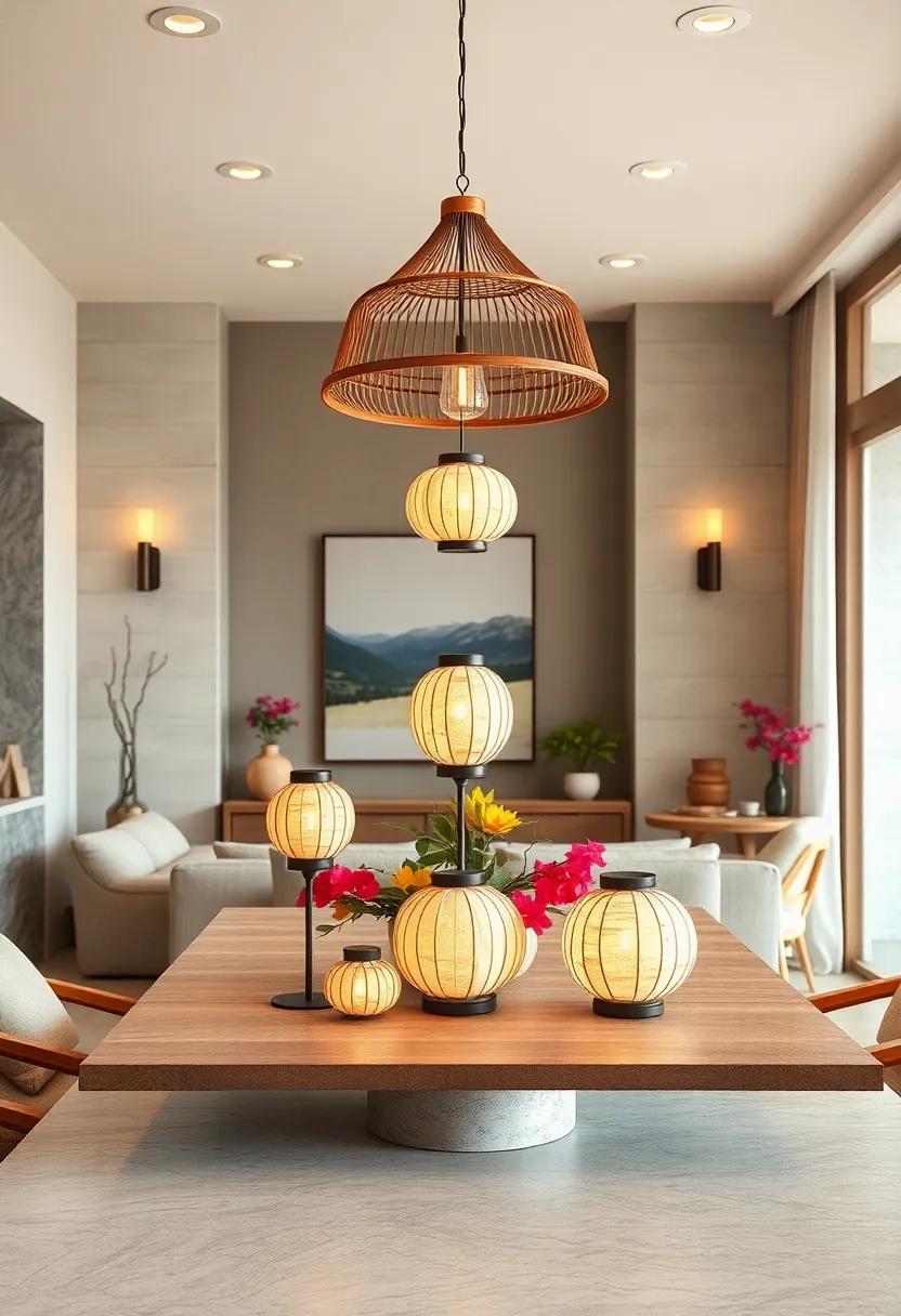 ambient Wall Sconces: ⁤Paper lanterns framed in ⁤natural wood, mounted as ⁢wall sconces to ⁤provide subtle illumination and an artistic touch to any​ serene space