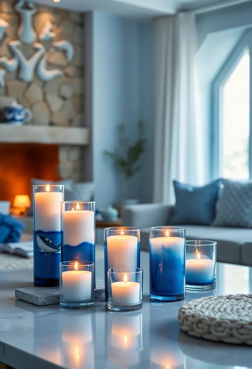 Coastal‍ Candles:⁢ Illuminate your spaces with elegant⁤ candles in​ blue and white ⁤frosted holders, creating⁤ a soothing​ ambiance reminiscent⁢ of twilight by⁣ the⁢ shore