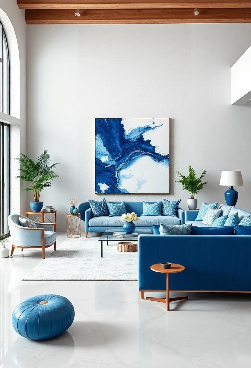 Blue and White Abstract ⁣Art: Consider large-scale abstract artwork in blue and white tones to create a sophisticated focal point in ⁣your living area