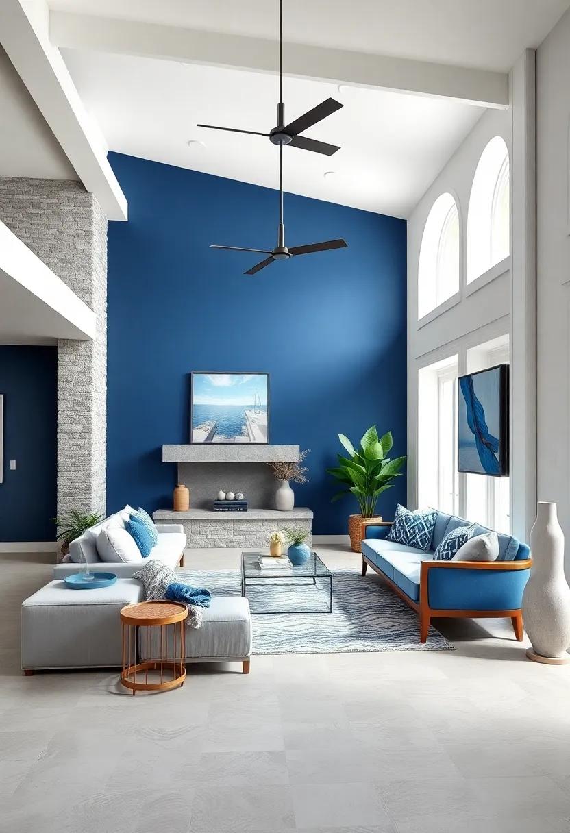 Blue ⁣and white ⁤Accent Walls: ‌Experiment with ​an ⁤accent wall painted ⁢in a rich navy blue contrasted ‌against white trim‌ for a ​striking ‍visual effect