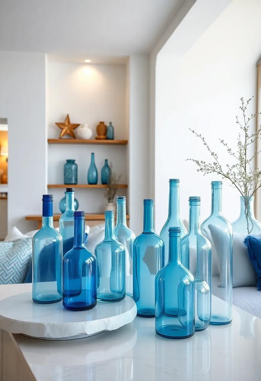 Elegant Glass Bottles: Curate a collection of clear or ⁢blue tinted glass bottles ‌arranged⁣ artfully on shelves ​or ‌tables to evoke seaside elegance
