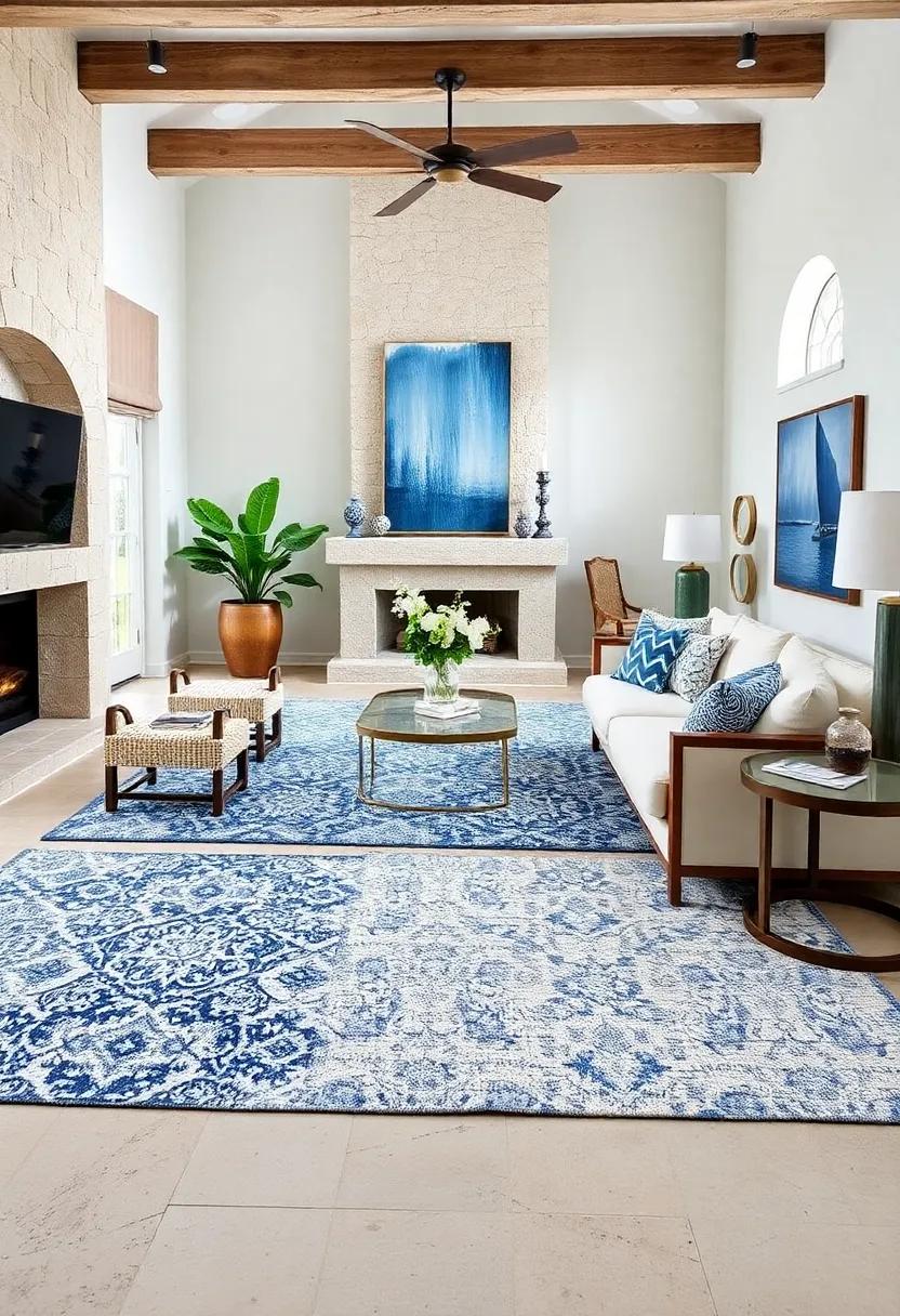 Textured Blue and White​ Rugs: Layer⁣ textured⁤ area ‌rugs in coordinating blue patterns‍ to bring warmth and ⁤softness underfoot and ‍enhance‌ your coastal decor