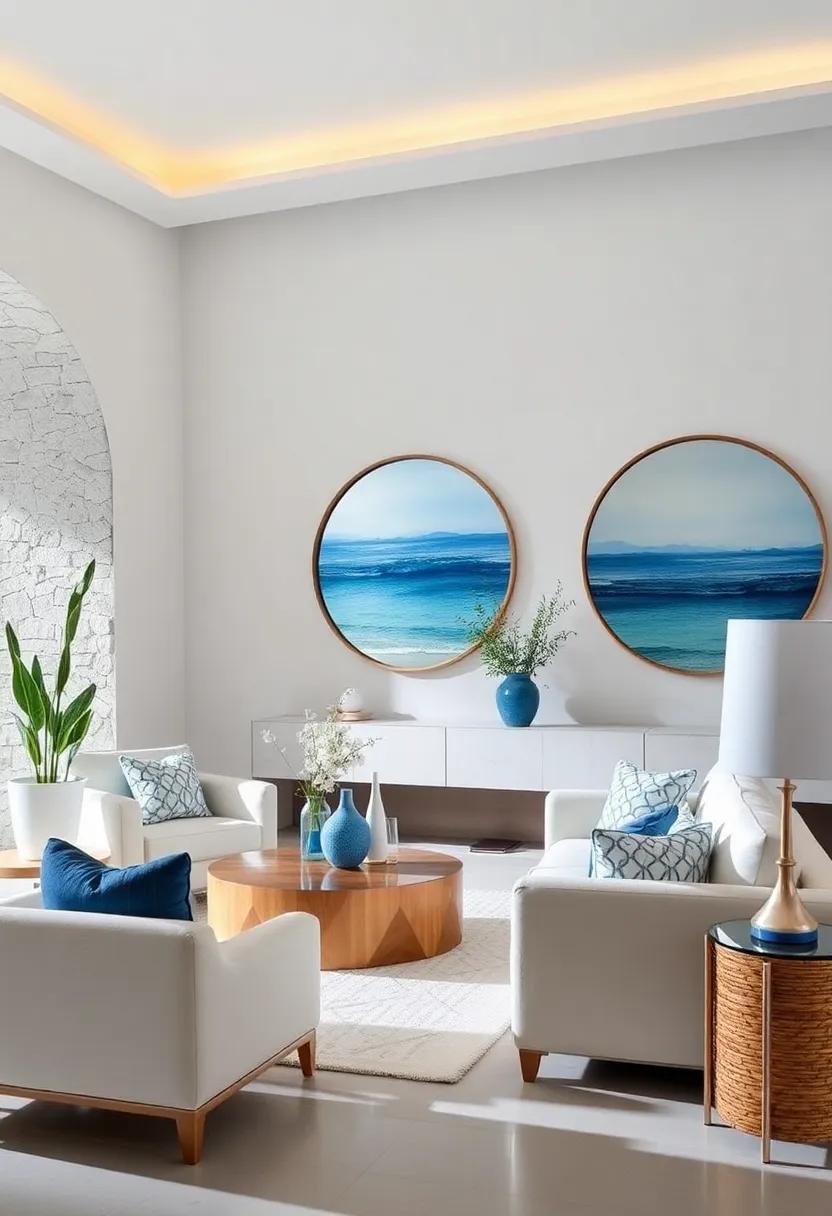 Coastal-Inspired ⁤Wall mirrors: Install large, round ⁣mirrors with a blue and white coastal theme that​ reflect light and ‌create an illusion‍ of spaciousness