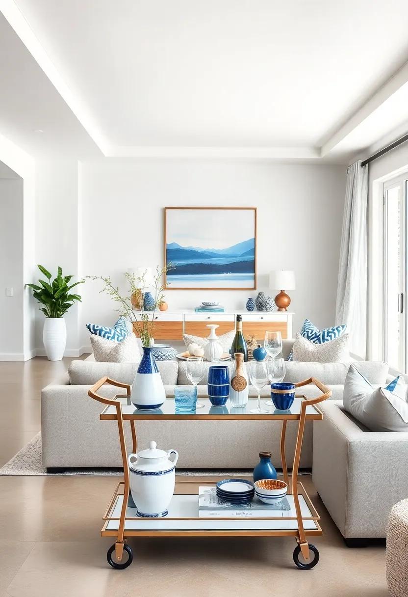 Sophisticated‌ Bar Cart: Set up a‍ sleek bar ​cart adorned with blue and white barware, making it an elegant⁢ centerpiece ​for entertaining guests