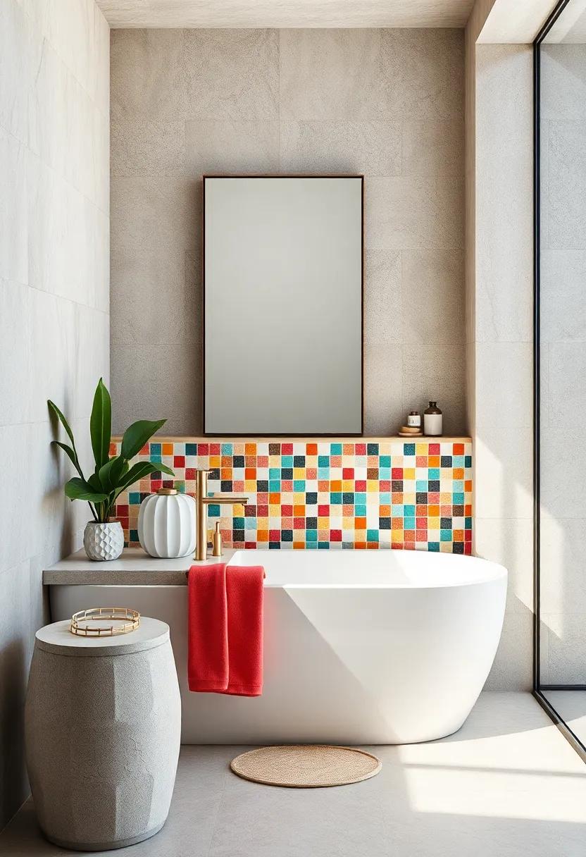 Use⁣ colorful mosaic tiles ‍in a playful layout around the ⁤sink or bathtub to add a pop⁤ of personality