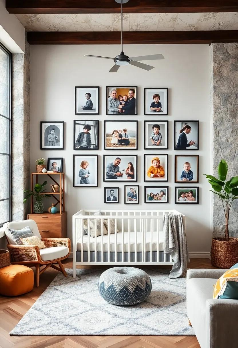 Family Photo Gallery: Dedicate a wall to family photos in stylish frames, infusing warmth and personal history into the nursery's design