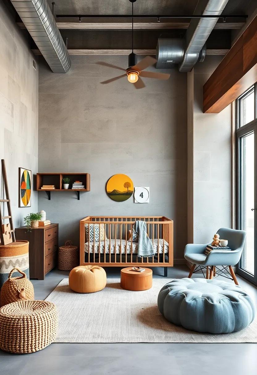 Industrial Elements: Introduce metal accents, exposed light fixtures, and wooden surfaces for a chic modern nursery that channels an urban vibe