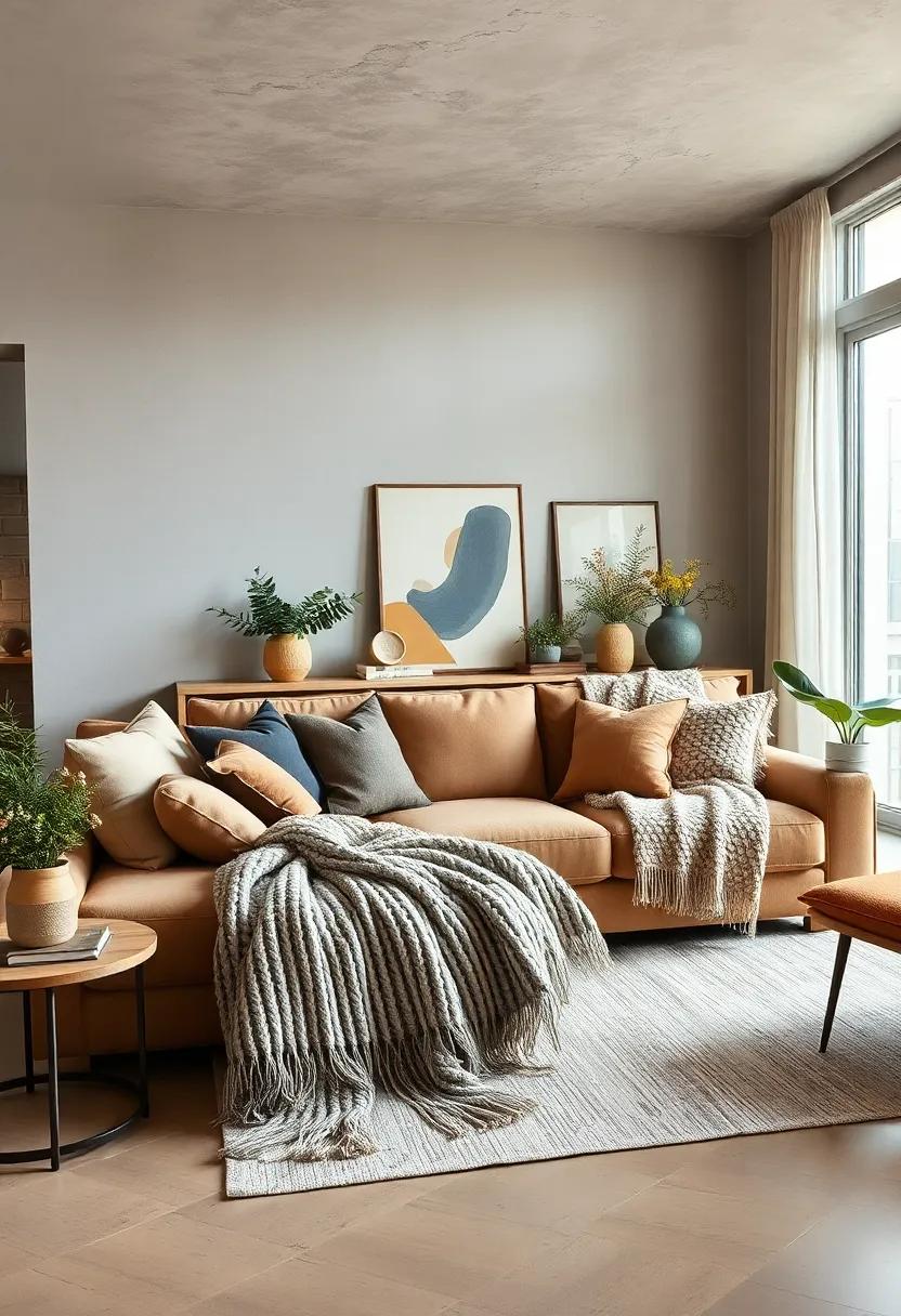 Cozy Throw Blankets: drape chunky knit or faux fur throws over your sofa for comfort and style