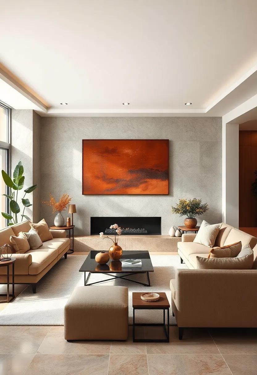 Statement Artwork: Select large, impactful artwork featuring brown hues to anchor the room's design