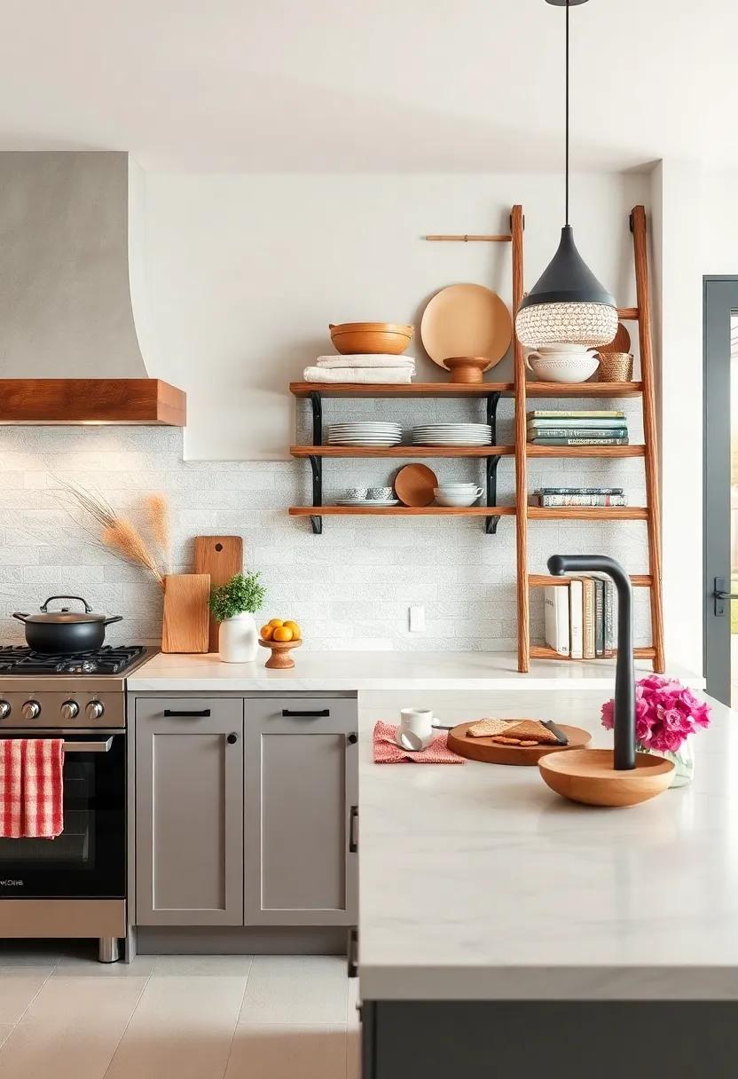 Rustic Ladder: lean a rustic ladder against the wall‌ to⁣ elegantly display platters, cookbooks, and kitchen textiles, creating depth⁤ and character