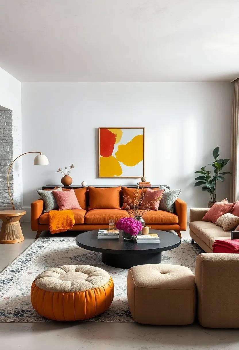 Experiment with furniture shapes: Combine angular coffee tables with soft, round ottomans​ to create visual contrast and comfort