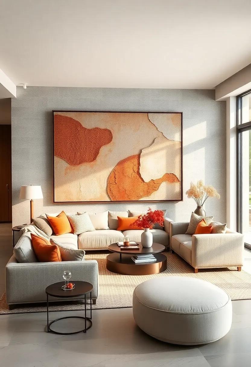 Feature oversized art: Choose large​ canvases or murals with a variety of textures to serve as bold focal points in the room