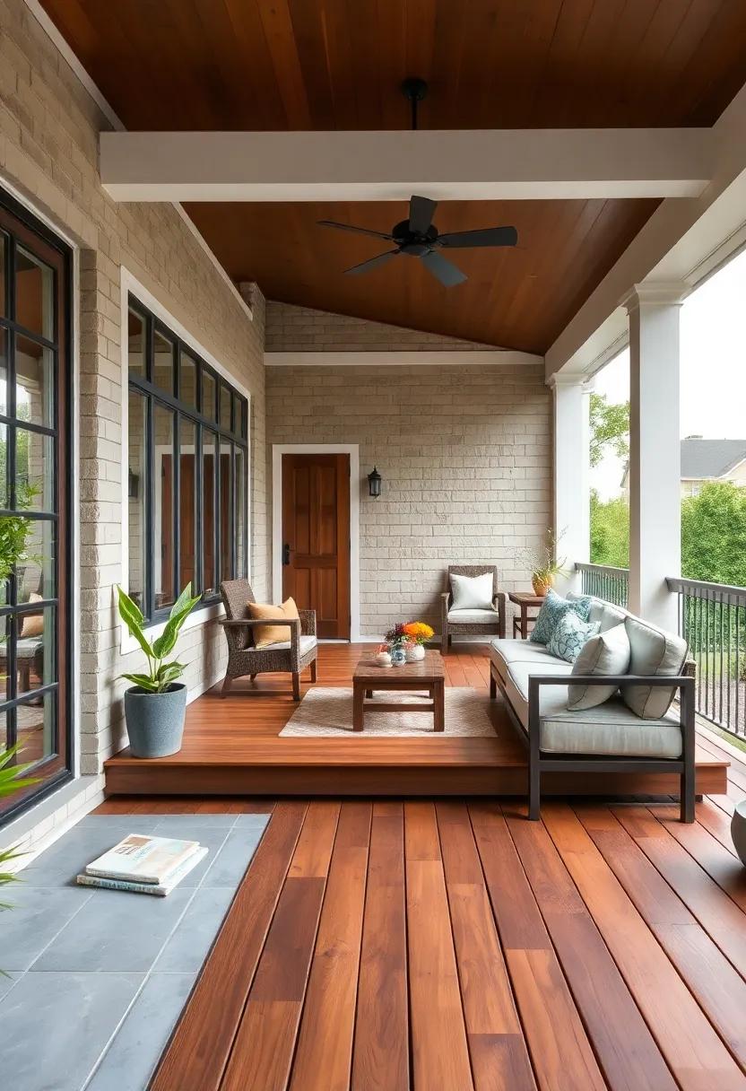 Floating decking: Choose‌ a floating wood deck design to add depth and dimension to your porch, creating an inviting feel for lounging