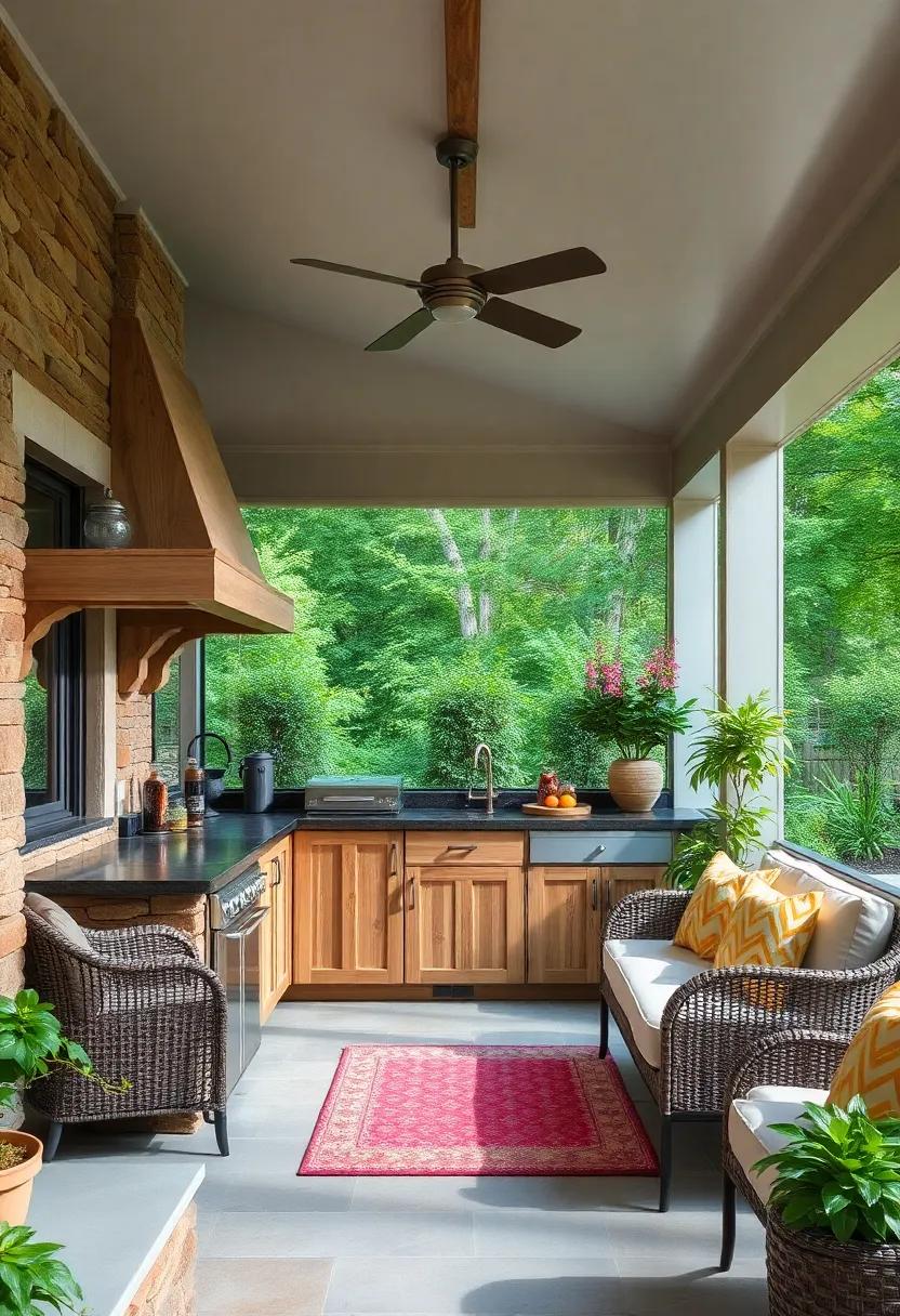 Embrace⁣ Nature: A rustic​ screened porch ⁣outdoor kitchen featuring reclaimed wood⁤ shelves ​that cleverly store spices and ​utensils while blending seamlessly with the natural surroundings