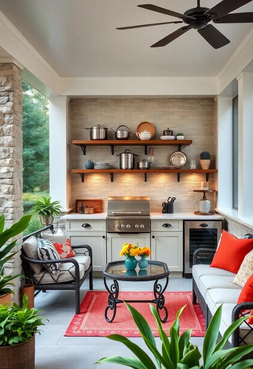Compact chic: A small yet‌ efficient screened porch kitchen showcases vertical shelving, allowing for ample storage of pots and pans⁣ while maintaining a sleek, modern aesthetic