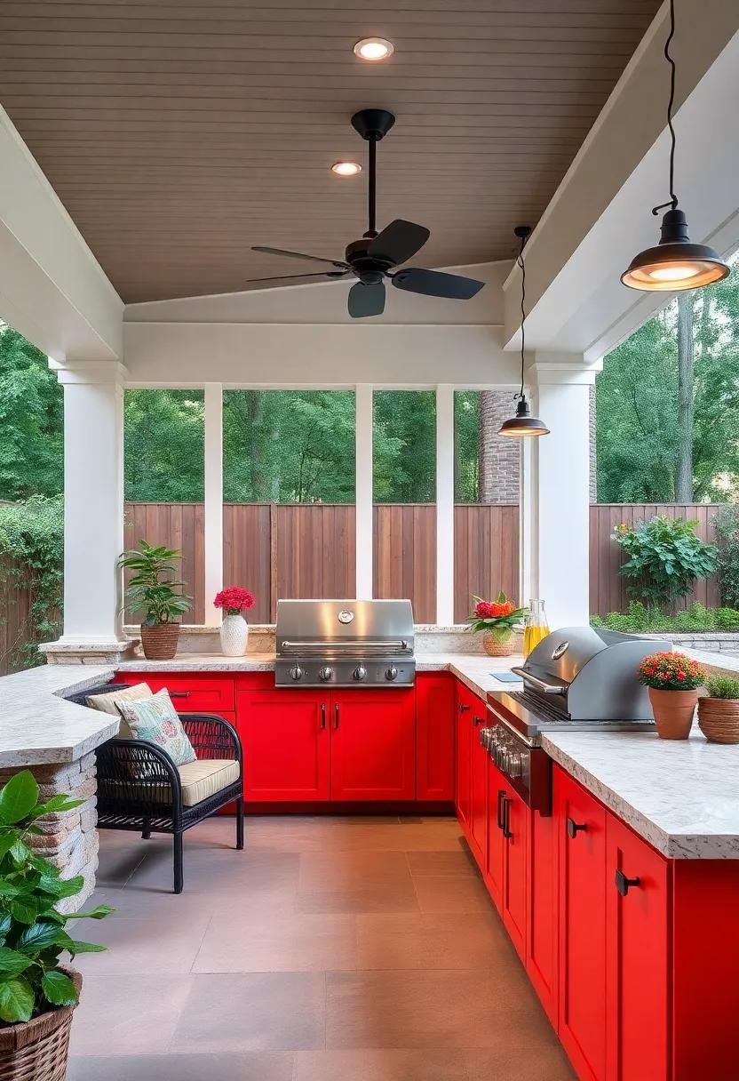 Pop of Color: Brightly painted cabinets beneath a screened porch counter offer vibrant storage⁤ solutions⁢ while ⁢keeping grilling gear and serving ​ware close at hand
