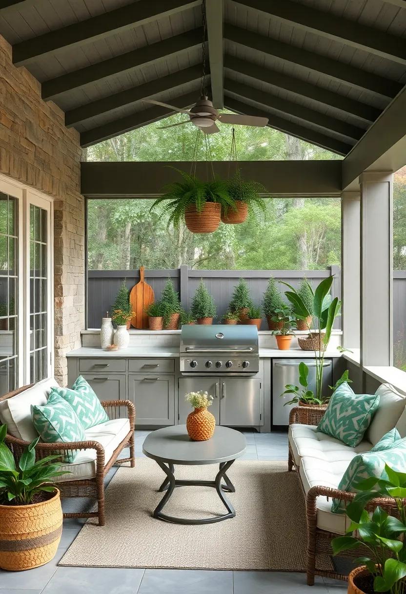 Green ‍Oasis:​ Incorporating living plants‍ into‌ the storage design, this outdoor kitchen uses hanging planters as unique holders for kitchen utensils while adding a⁢ touch‍ of greenery