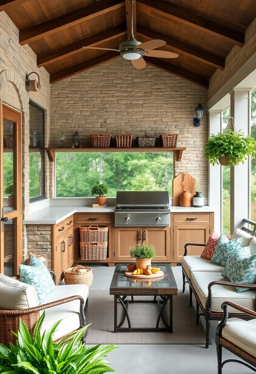 Vintage ​Vibes: A charming screened porch kitchen with antique baskets for organizing produce and herbs, adds both style and a nostalgic​ touch to your cooking area