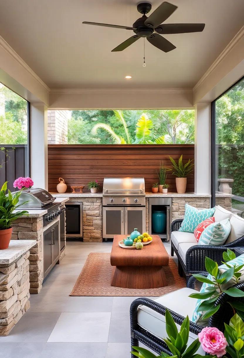 Easy cleanup: This outdoor kitchen boasts‌ stylish built-in bins for easy separation of recyclables, combining smart storage with environmental consciousness in ​design