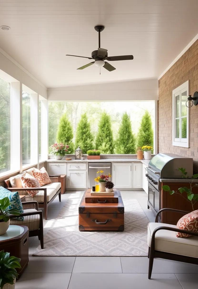Chic and Functional: Utilizing ​vintage suitcases⁤ as quirky storage for tableware and grilling tools, this porch kitchen combines a playful aesthetic with practical ​solutions