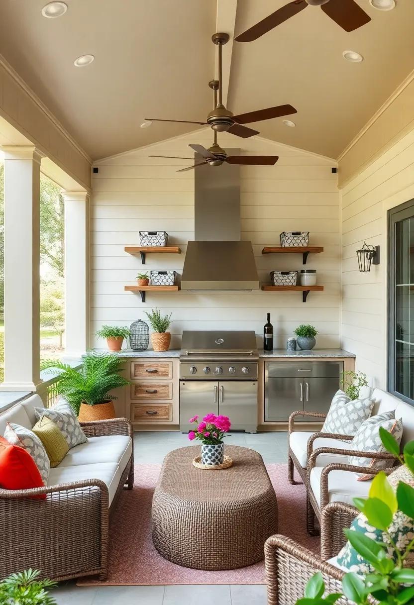 Farmhouse Flair: Highlighting a shiplap ‌accent wall,⁢ this outdoor ⁢kitchen incorporates open shelving with decorative‍ bins for organized ⁢storage,​ perfectly marrying‍ simplicity and style