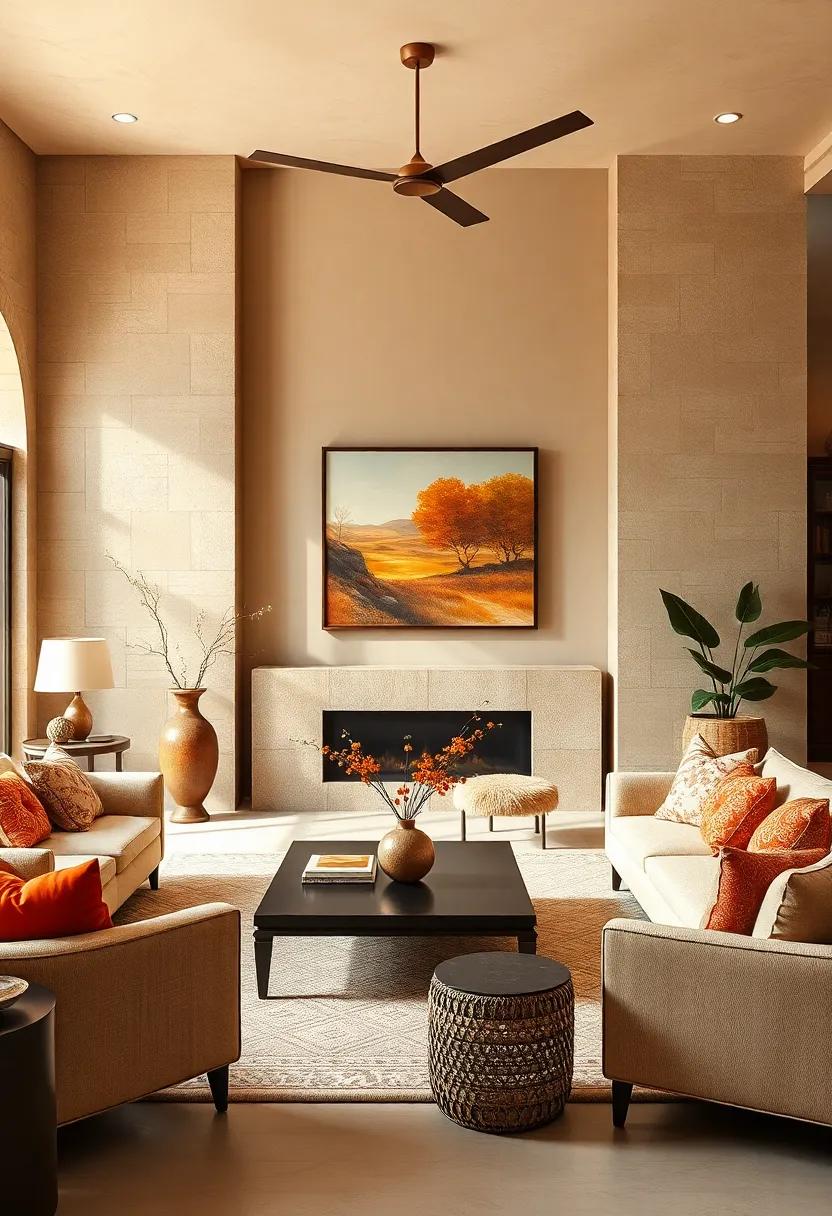 Artwork with Warm Tones: Hang paintings or prints that utilize warm tones to enhance the richness of your brown palette