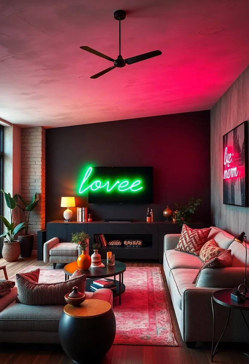 Neon Signs: Light up your living ⁢room with colorful neon signs that reflect ⁢your personality‌ and creative​ spirit, perfect for ⁣a playful decor touch
