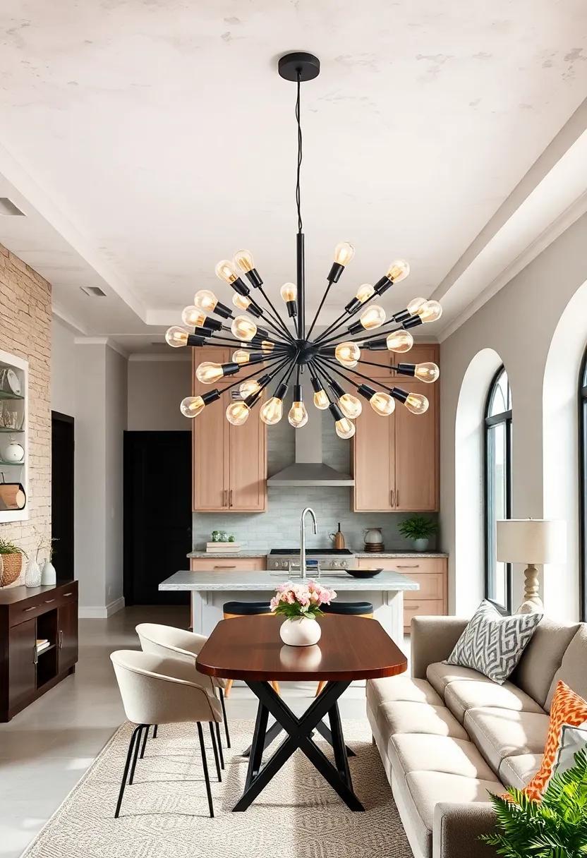 Multi-Arm Cluster Pendant: ​Elevate your kitchen or dining​ area with a ​cluster of multiple arms boasting assorted light ‌bulbs⁣ for a playful, eclectic look