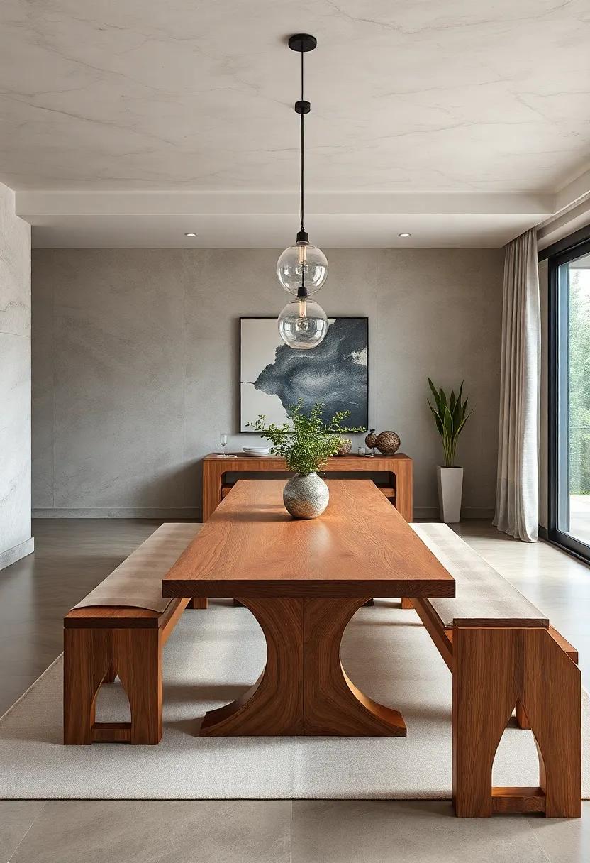 Dining Bench Harmony: A long wooden dining table complemented with a matching bench for a warm, communal‍ feel that encourages togetherness