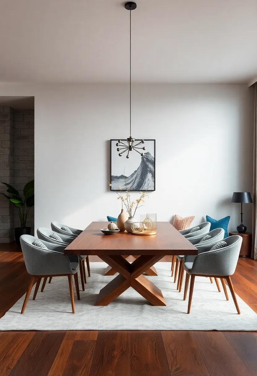 Geometric Genius: A table with a bold geometric base that adds an artistic flair to‍ your dining room while ​maintaining the warmth of wood