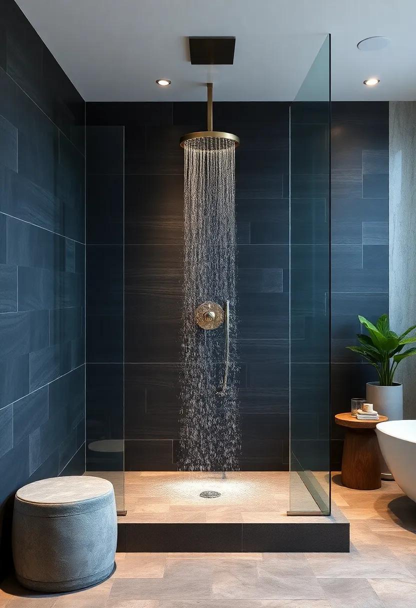 Bold Contrast with ⁣Dark Tiles: A waterfall shower designed with dark, textured tiles‌ creates a dramatic statement, perfectly complemented by a bright, ⁤flowing‌ waterfall fixture