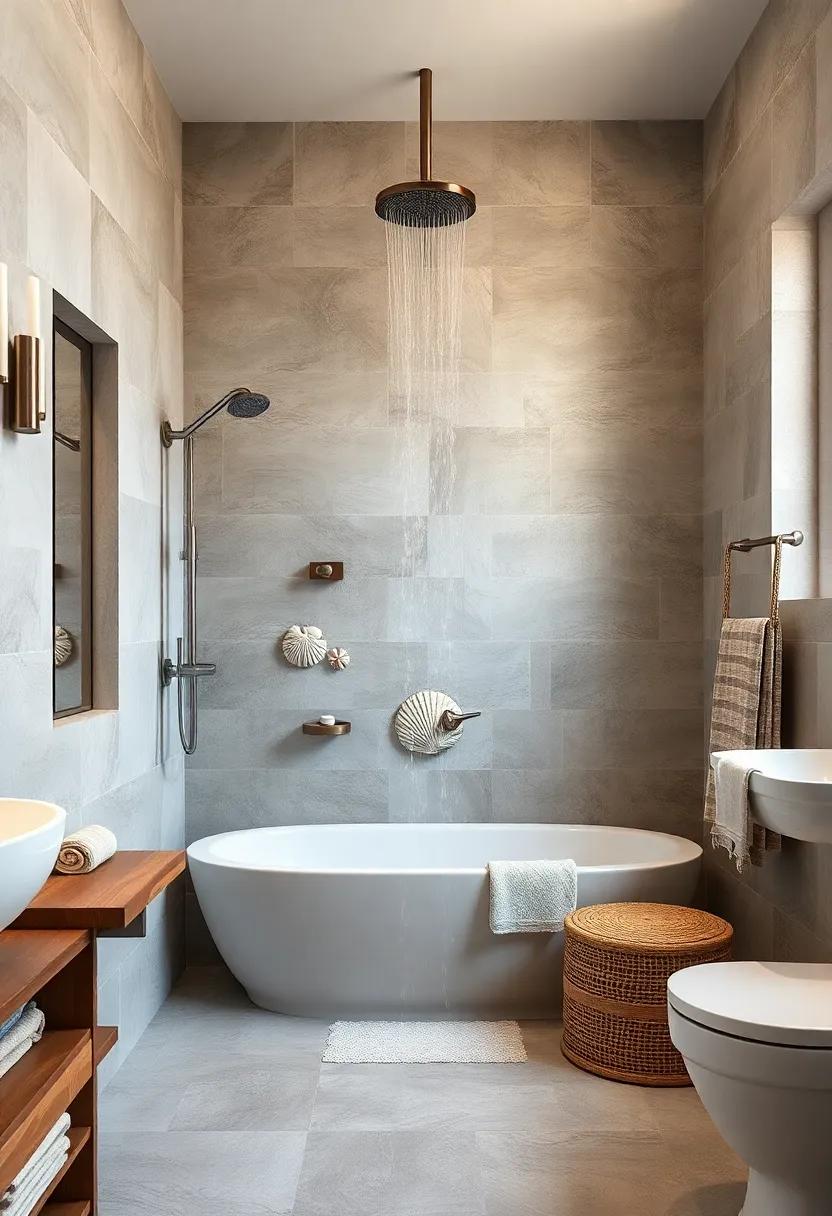 Coastal Vibes ⁣with Nautical⁣ Themes: A beach-inspired bathroom‌ featuring a waterfall shower with seashell accents immerses you in a coastal retreat, ideal for those who cherish oceanic serenity