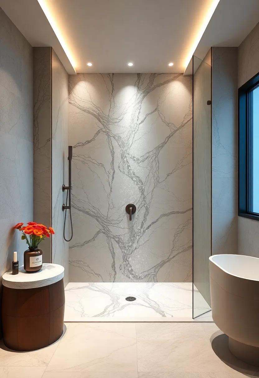 Elegant Marble Oasis: A ‍stunning marble shower with⁢ a built-in waterfall feature brings an⁣ air​ of sophistication, accompanied by soft lighting to enhance the calming ⁢ambiance