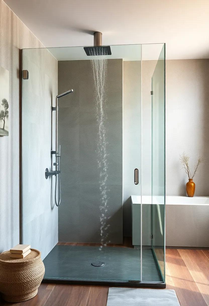 Modern Minimalism with a ⁣Glass ⁢Enclosure:⁢ A ⁢sleek, glass-enclosed shower‌ features a contemporary waterfall‌ spout,⁢ providing ‌a spacious‍ feel while the gentle cascade creates a serene environment