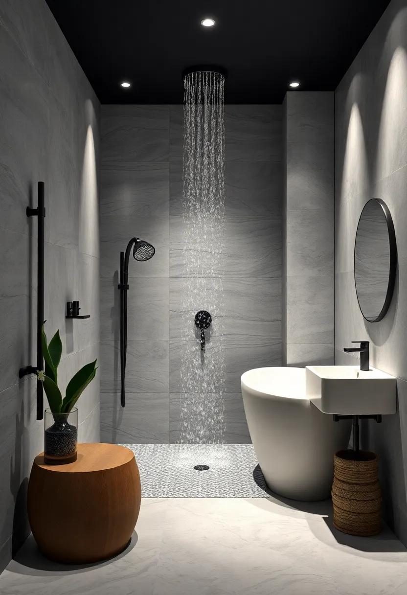 Monochrome Magic in White and Black: Achieve a striking modern look with a ‌waterfall‍ shower design in monochrome hues, providing a bold and ⁢elegant contrast that stands out