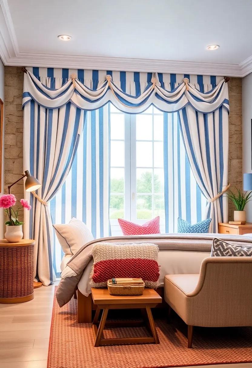 Nautical Nook: Opt ​for​ light blue​ and​ white​ striped curtains⁣ with ‍rope-tied swags to bring⁤ a refreshing oceanic touch to your coastal-themed⁤ bedroom
