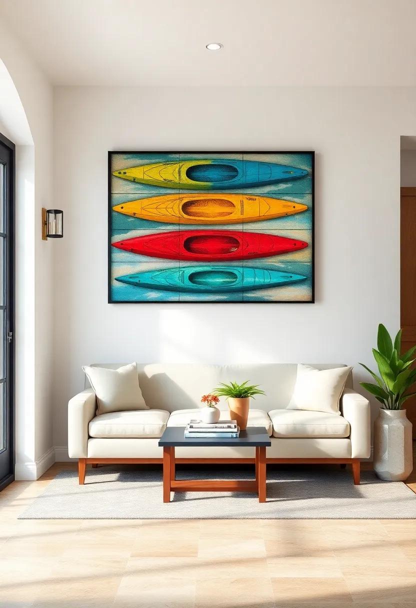 Colorful Kayak ‌Wall Art: Transform‍ your ⁤entryway ‌into an artistic ⁢showcase with a vibrant display of kayak-themed ‍art, inviting ⁢adventure in